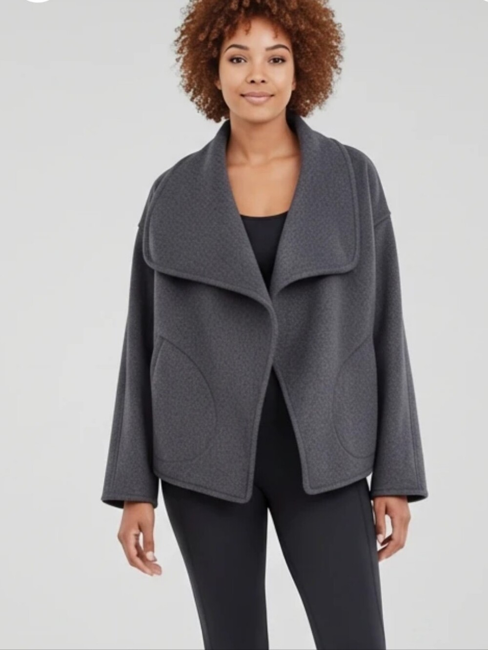 OSKA 100% Virgin Wool Charcoal‎ Gray Shawl Collar Wrap Jacket Coat Lagenlook XL